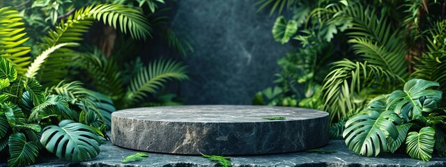 Podium beauty minimal display stage stand summer fashion abstract luxury plant. Minimal podium background texture green beauty shadow banner mockup wall stone leaf showcase cosmetic wallpaper sale art - obrazy, fototapety, plakaty