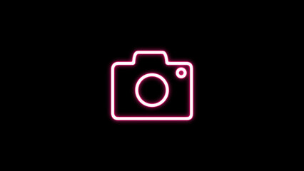 Neon camera icon. neon glowing camera sign. glowing camera sign icon on the black background.