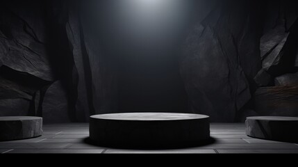Black, dark and gray geometric Stone and Rock shape background, minimalist mockup for podium display showcase - obrazy, fototapety, plakaty