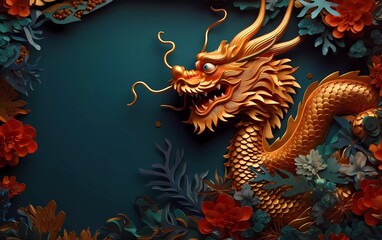 Golden zodiac sign card flowers dragon, lantern and clouds on red background, Chinese New Year concept. generative ai