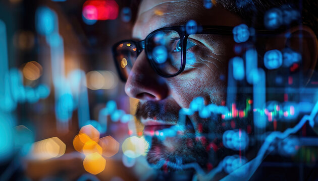 financial trader in glasses with graphs