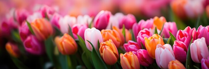 Tulips colorful multicolored yellow, white, red, purple, pink bloom flower field in Spring