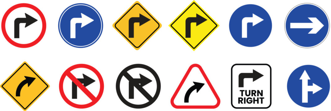 Road sign right turn icon collection. Right turn symbol sign. Traffic signs icon. Turn right and don't turn right isolated on white background.