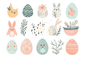 Schilderijen op glas Minimalism and abstract cartoon vector very cute kawaii easter clipart, organic forms, desaturated light and airy pastel color palette, nursery art, white background. © Merilno