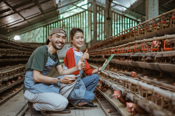 smiling Asian man and woman workers with thumbs up holding tablet and cell phone squat on a chicken farm