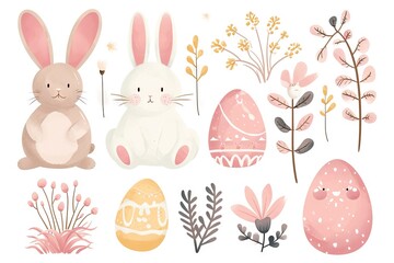 Fototapeta premium Minimalism and abstract cartoon vector very cute kawaii easter clipart, organic forms, desaturated light and airy pastel color palette, nursery art, white background.