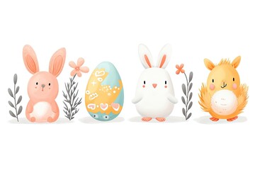 Fototapeta premium Minimalism and abstract cartoon vector very cute kawaii easter clipart, organic forms, desaturated light and airy pastel color palette, nursery art, white background.