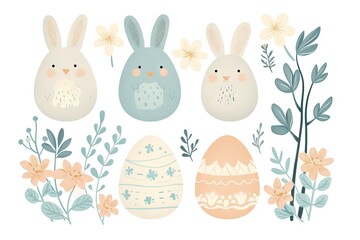 Obraz na płótnie Canvas Minimalism and abstract cartoon vector very cute kawaii easter clipart, organic forms, desaturated light and airy pastel color palette, nursery art, white background.