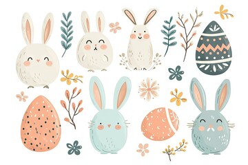Fototapeta premium Minimalism and abstract cartoon vector very cute kawaii easter clipart, organic forms, desaturated light and airy pastel color palette, nursery art, white background.