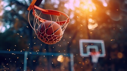 Scoring during a basketball game ball in hoop. ball goes through basket. man throwing the ball in hoop - obrazy, fototapety, plakaty