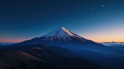 Fototapeta premium Aerial view of a lone, snow-capped mountain peak, at sunrise.