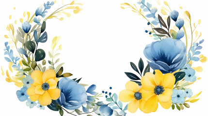 round nature frame with blue and yellow flowers and leaves on white background