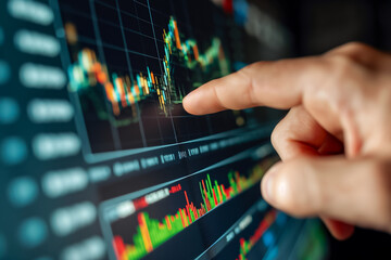 Fototapeta na wymiar Businessperson's fingers pointing at a stock graph on the screen. Illustrates financial analysis and investment decision-making. Ideal for finance, business, stock market, investment-related concepts
