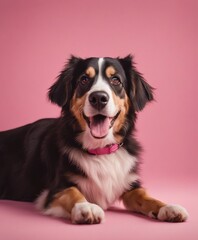 Portrait of a cute australian shepherd dog on pink background
