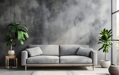 Grey Modern Sofa with Potted Plant in Front of Concrete Wall