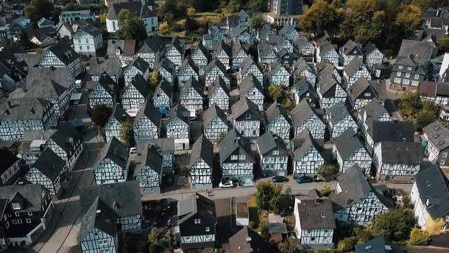 A drone shot shows the identical cottage buildings of Freudenberg in Germany