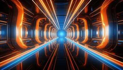 Neon laser sci-fi corridor interior design. Visualization of a science fiction spaceship indoor hallway.