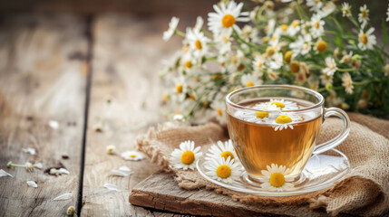 Obraz na płótnie Canvas Chamomile herbal tea with flower buds nearby on wooden table with textile and chamomile bouquet, closeup, copy space, healthy herbal drinks and natural healer concept.