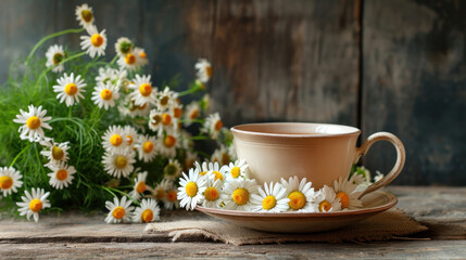 Chamomile herbal tea with flower buds nearby on wooden table with textile and chamomile bouquet, closeup, copy space, healthy herbal drinks and natural healer concept.
