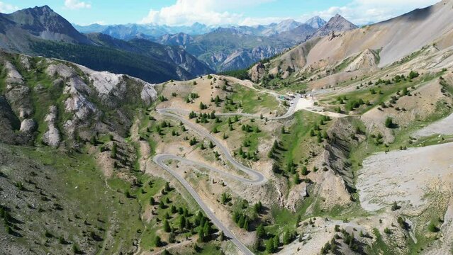 French Alps Col Izoard Mountain Pass and Cycling Stage in Tour de France - Aerial 4k