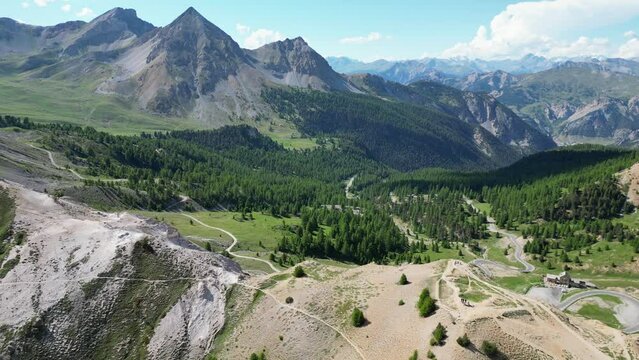 French Alps Nature and Mountain Pass Col Izoard in Hautes Alpes, France - Aerial 4k