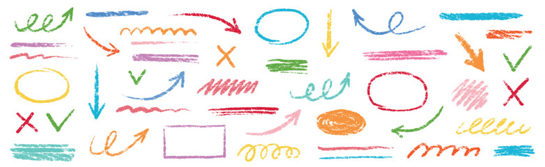 Chalk scribble arrow, line brush set. Crayon arrow, underline, handwritten mark check elements. Vector hand drawn scribble crayon, marker color brush texture. Rough chalk vector illustration - obrazy, fototapety, plakaty