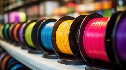 Multicolored filaments of plastic for printing on 3D printer close-up. Spools of 3D printing motley...