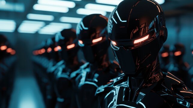 Combat robot in military metal armor. Futuristic cyborg security guard. Concept of technology, robotics, artificial intelligence and future.