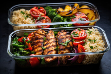 Fototapeta premium Grilled chicken meal prep with cooked rice and vegetables