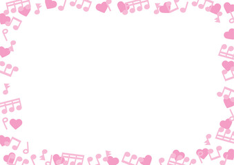 かわいいハートと音符のバレンタインのフレーム（ピンク）A3サイズ横