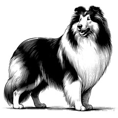Full-length portrait of a standing Rough Collie. Vector illustration isolated on white. Engraving vintage style illustration for print, tattoo, t-shirt, coloring book