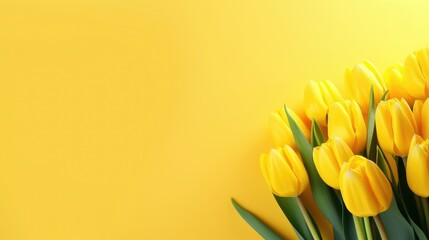 Yellow tulip flowers on yellow solid background. Fresh natural flower concept background.