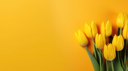 Yellow tulip flowers on yellow solid background. Fresh natural flower concept background.