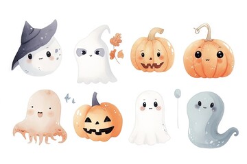 Minimalism and abstract cartoon vector very cute kawaii halloween clipart, organic forms, desaturated light and airy pastel color palette, nursery art, white background.