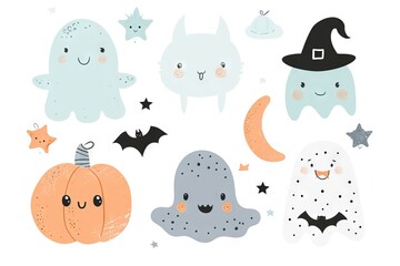 Minimalism and abstract cartoon vector very cute kawaii halloween clipart, organic forms, desaturated light and airy pastel color palette, nursery art, white background.