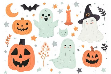 Minimalism and abstract cartoon vector very cute kawaii halloween clipart, organic forms, desaturated light and airy pastel color palette, nursery art, white background.