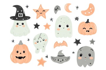 Minimalism and abstract cartoon vector very cute kawaii halloween clipart, organic forms, desaturated light and airy pastel color palette, nursery art, white background.