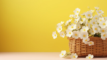 white flowers in wooden basket on yellow spring background