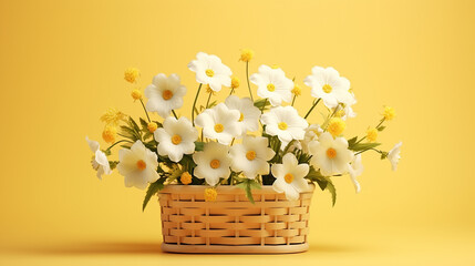 beautiful white flowers in wooden basket on yellow spring background