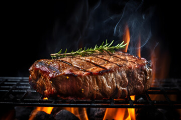 Beef steak being grilled on a charcoal grill with fire and smoke.