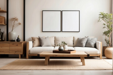 Square coffee table near white sofa and rustic cabinets against white wall with two blank poster...