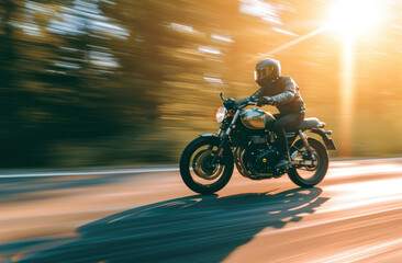 Obraz premium motorcyclist riding down road in blurred motion