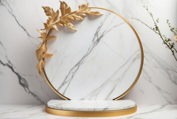dais podium pedestal display in gold and white marble texture and background for make-up and beauty product marketing for female woman audience.	
