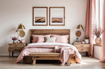 Rustic wooden bed with pink pillows and two bedside cabinets against white wall with two posters frames. Farmhouse interior design of modern bedroom.