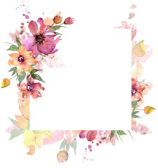 Watercolor hand painted colorful floral frame. PNG transparent spring background