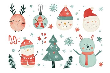 Minimalism and abstract cartoon vector very cute kawaii christmas, xmas clipart, organic forms, desaturated light and airy pastel color palette, nursery art, white background.