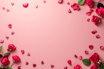 Happy Valentine's day background. Pink minimalist valentine background with hearts, gifts, flowers, rose, empty space for copy, ribbons, and heart-shaped ornaments.