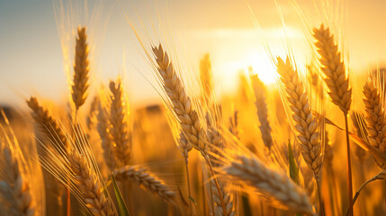 yellow ears of wheat at sunset in nature. beautiful nature background