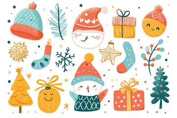 Fototapeta premium Minimalism and abstract cartoon vector very cute kawaii christmas, xmas clipart, organic forms, desaturated light and airy pastel color palette, nursery art, white background.