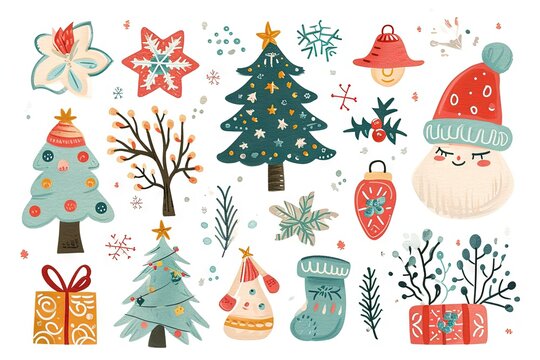 Minimalism and abstract cartoon vector very cute kawaii christmas, xmas clipart, organic forms, desaturated light and airy pastel color palette, nursery art, white background.